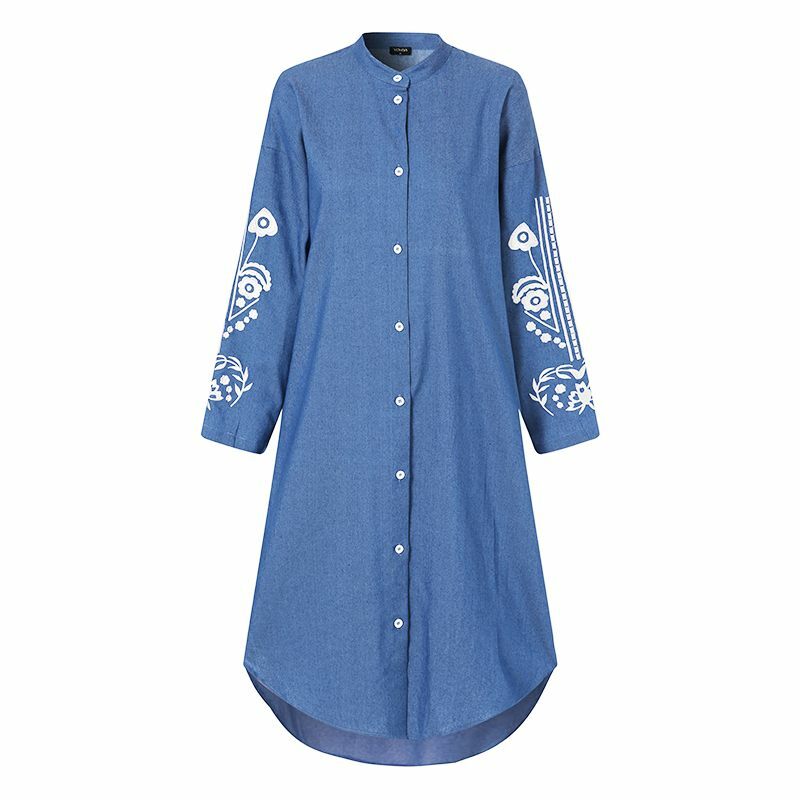 Вышитая Джинсовая блузка 2021 VONDA, женские рубашки с длинным рукавом, винтажная Длинная блузка 2021, Осенние Топы, уличная одежда, женские блузы
