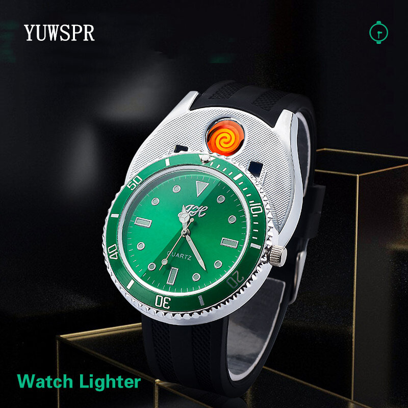 Isqueiro relógios para homem usb recarregável luminoso mãos pulseira preta moda fantasma verde relógio masculino relógio de pulso jh333