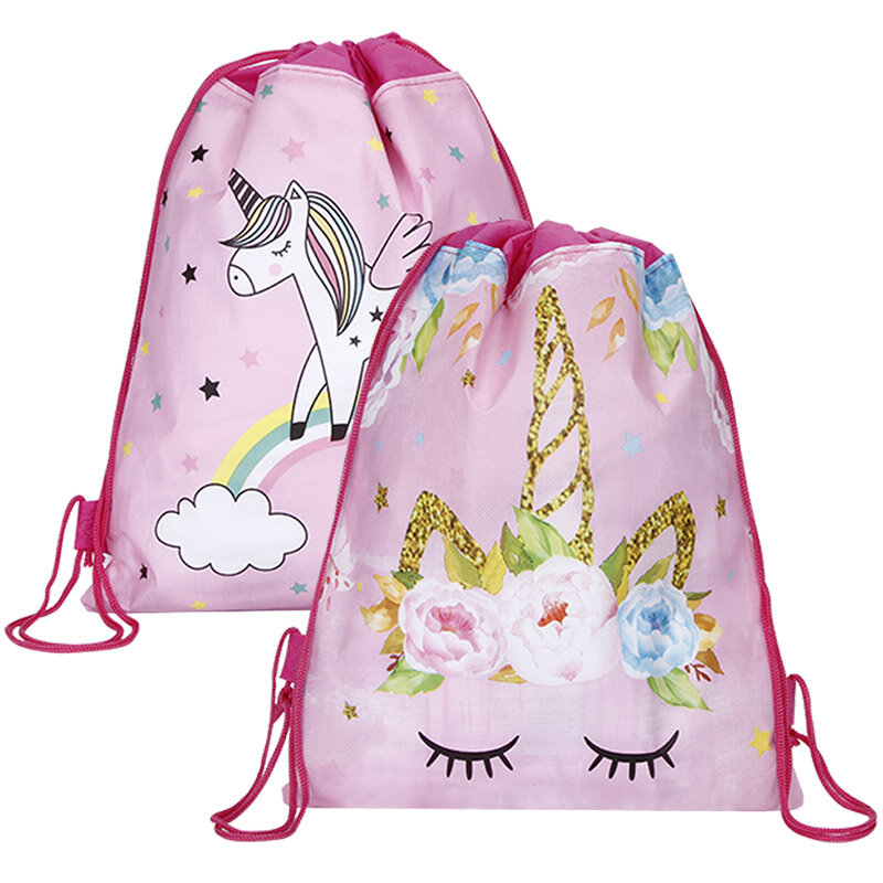 Darmowa wysyłka jednorożec torba ze sznurkiem dla dziewczynek woreczki podróżne pakiet Cartoon plecaki szkolne urodziny dzieci Party dobrodziejstw