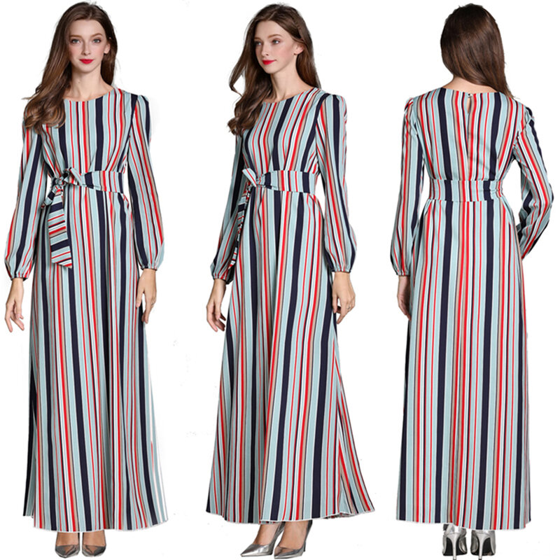 Long Robe African Abaya Dubai Dresses For Women O-neck Color Stripes Slim Maxi Vestidos Waist-Tight Islamic Clothing Retro