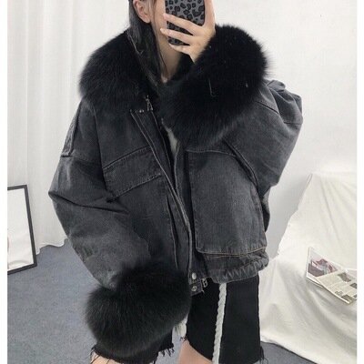 Women's Warm Winter Jacket, Short Denim Top, Detachable Loose Large Fur Collar Denim Pie, Oversized Women's Denim Fur Top