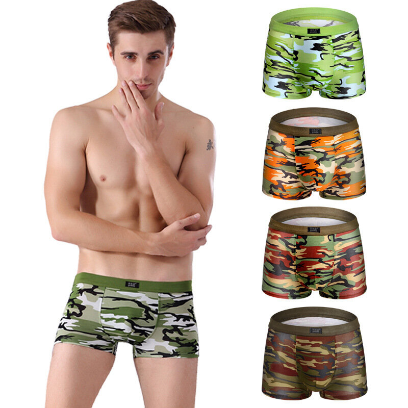 Lot de 4 boxers respirants pour hommes, sous-vêtements imprimés de camouflage, shorts pour hommes, modal, confortable, sexy, taille moyenne