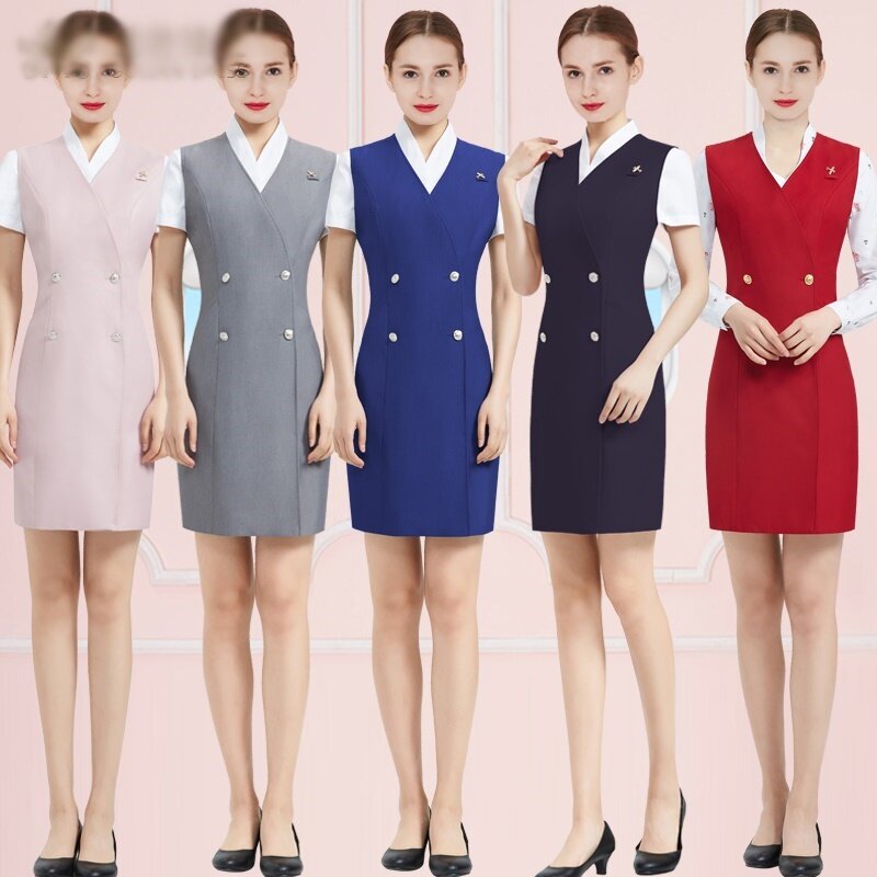 สุภาพสตรีสำนักงาน Uniform Designs Stewardess ทำงานผู้หญิงสำนักงานเสื้อกั๊กและชุดกระโปรง Workwear Flight Attendant ชุด DD2341