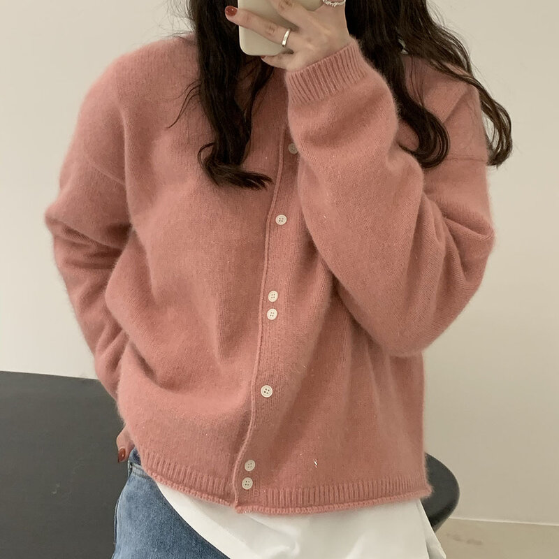 2021 Women Knitting Sweater Round Neck Long Sleeve Korean Fashion Warm Autumn Winter Casual Simplicity Single Breasted
