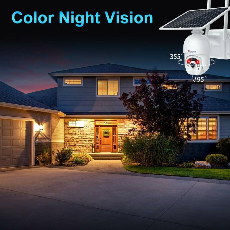 Solar PTZ Security Camera Outdoor, 1080P Wireless WiFi Home Camera Rechargeable Battery 14400mAh with Color Night Vision