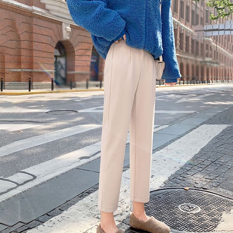 2xl outono inverno coreano estilo retro casual cintura alta magro em linha reta nove pontos harem calças femininas calças pretas de algodão mais tamanho