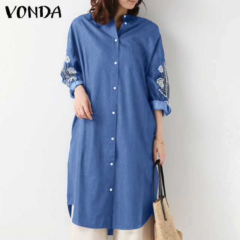 Embroidery Denim Blouse 2021 VONDA Women Long Sleeve Shirts Vintage Long Blouse 2021 Autumn Tops Streetwear Blusas Femininas