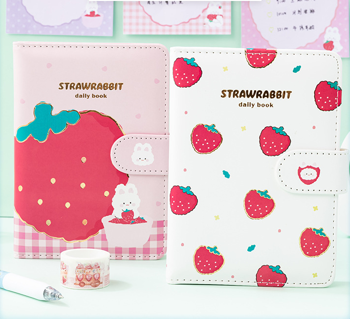 4 pcs/lot Strawberry Rabbit Magnetic Snap Notebook Scrapbook NotePad PU Cover Diary School SuppliesJournal Accessories Gift
