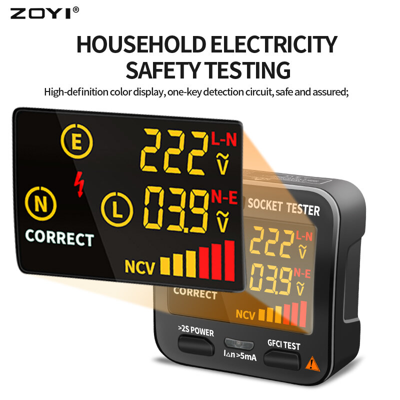 ZOYI Digital Socket Tester EU/US/UK Plug LCD Phase sequence/Non-contact voltage Detector Smart Outlet checker Home circuit check