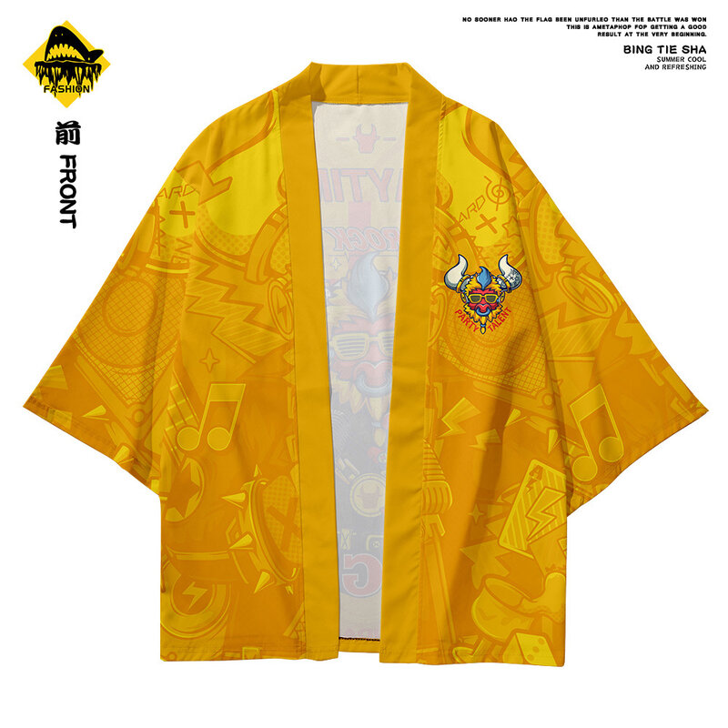 Kimono japonais jaune imprimé, Cardigan Haori Yukata, Costume de samouraï pour homme, veste et pantalon