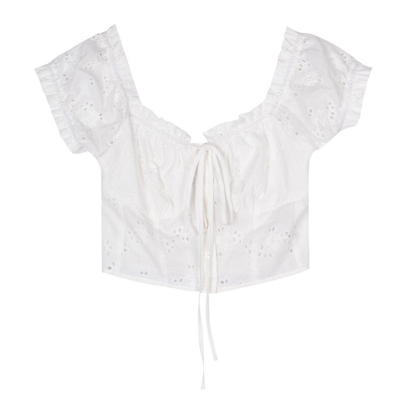 Женская ажурная рубашка с коротким рукавом, короткий топ с квадратным вырезом и кулиской в Корейском стиле, лето 2021, Y2K, C28740