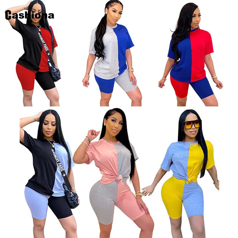 Cashiona Plus Size 4xl 5xl Women Two Piece Set 2021 New Patchwork Tops And Casual Skinny Shorts Set Female Tracksuit Outfits