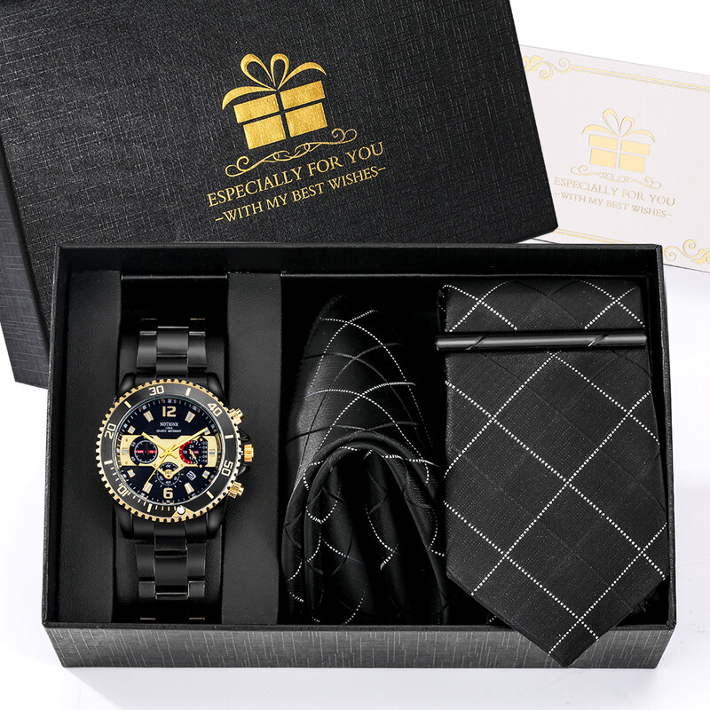 4PCS Fashion Business männer Uhren Krawatte Platz Schal Set Quarzuhr Exquisite Alloy Strap Kalender Armbanduhr Geschenke für männer
