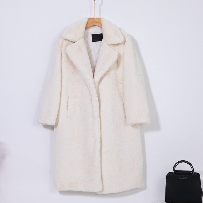 女性用ウォームフェイクファーコート,厚手のロングコート,折り返し襟,ベルト付き暖かいコート,2022