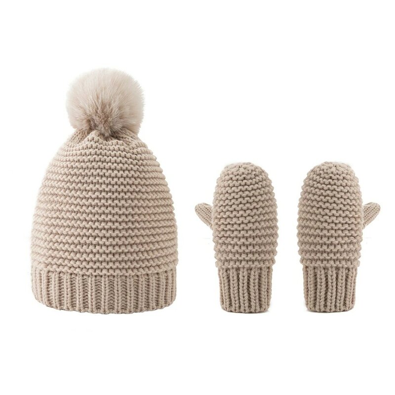 Crianças cor sólida fofo bola chapéu e luvas de duas peças conjunto moda quente tricô lã infantil bonés do bebê headwear foto adereços