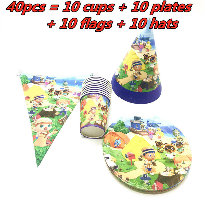 Cartoon Animal Crossing Birthday Party Decoration Party Supplies Disposable Paper Cups Plates Banner Hats Kids Tableware Sets