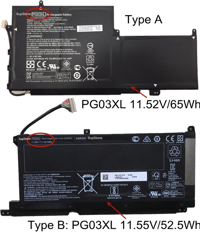 Bateria Para HP Spectre PG03XL SupStone X360 15T-AP000 AP063NR,Pavilion 15-DK0125TX,L48430-AC2 TPN-C141 Q229 Q168 HSTNN-DB9G OB1I