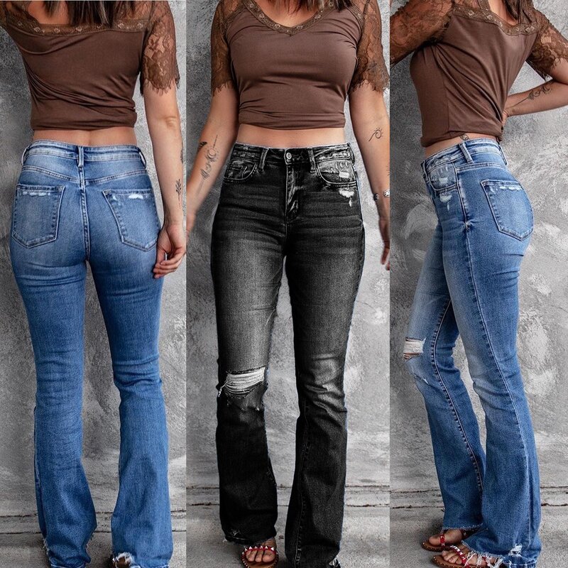 Moda damska dziura wysokiej talii Retro rozciągliwe dopasowanie mikro-rozkloszowane spodnie Bootcut Jeans