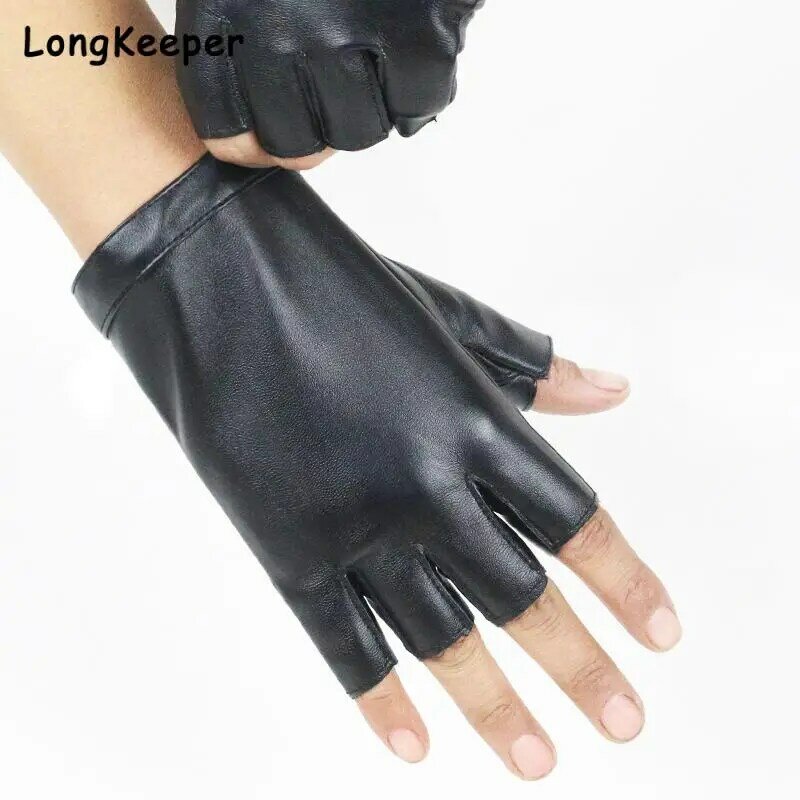 2021 Women Black PU Leather Fingerless Gloves Solid Female Button Warm Half Finger Driving Men motor Punk Gloves Thick Guantes