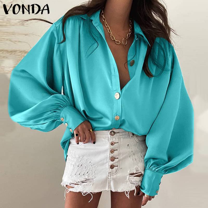 Elegant ผู้หญิงแขนยาวสีทึบเสื้อ VONDA 2021 Casual Lapel ปุ่ม OL Office เสื้อเซ็กซี่เซ็กซี่ Party Blusas feminina