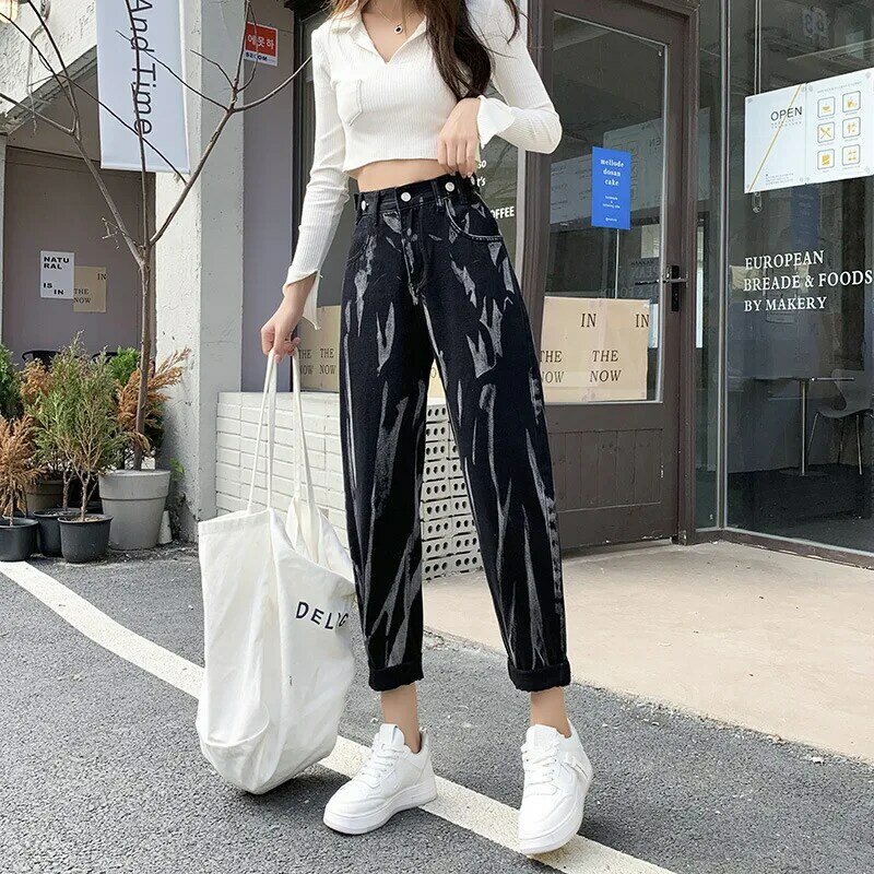 Jeans preto tie-dye reta traf calças femininas moda preto na moda tie-dye jeans coreano casual algodão solto y2k calças de brim femininas