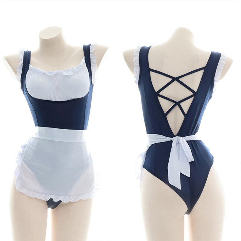 X3UE Sexy Maid Cosplay Costumes Kawaii Outfit Anime Cat Girl Lingerie Swimwear Sukumizu Kit with Ruffled Apron for Womens