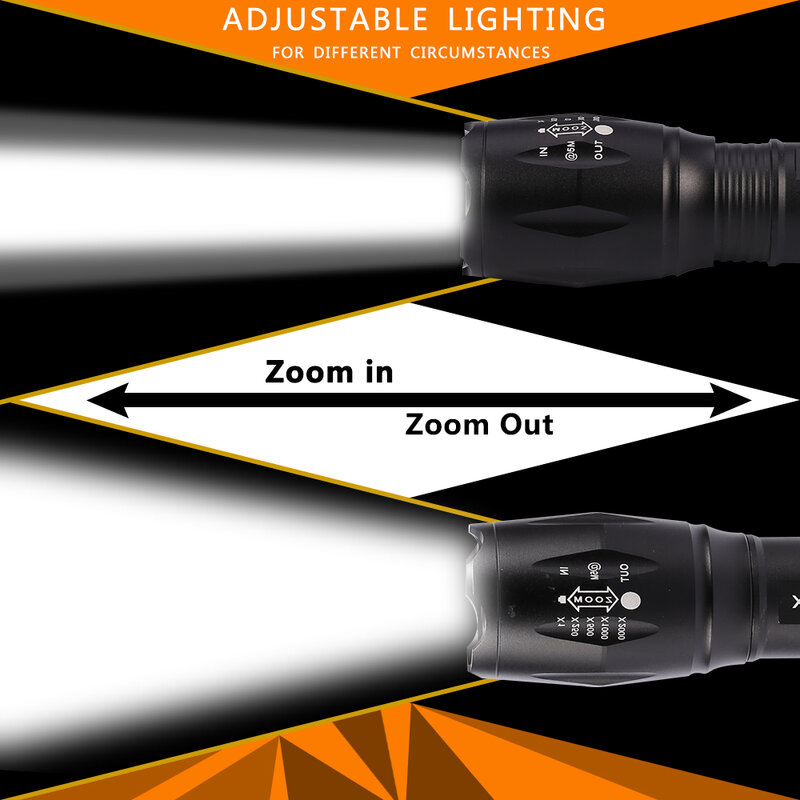Linterna LED táctica V6 L2, lámpara de Flash LED con zoom, 5 modos de uso, batería recargable de 3 pilas AAA o 1x18650