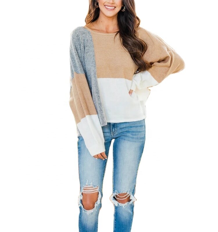 Новый осенний модный вязаный свитер, с круглым вырезом, с длинными рукавами, в стиле пэчворк, пуловер с завязкой сзади, Женский пуловер