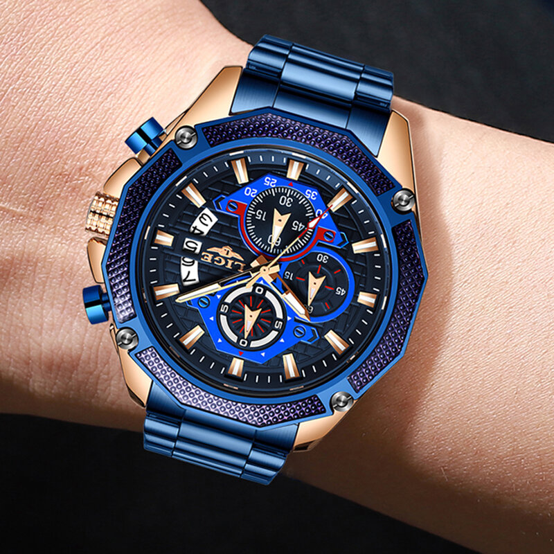 LIGE 2019 Neue Mode Herren Uhren mit Edelstahl Top Marke Luxus Sport Chronograph Quarz Uhr Männer Relogio Masculino