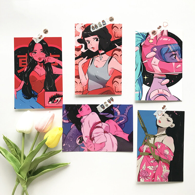 Cartão decorativo dos desenhos animados da menina doce da vitalidade japonesa 8 folhas foto adereços retro mini cartaz adesivo de parede kawaii presente
