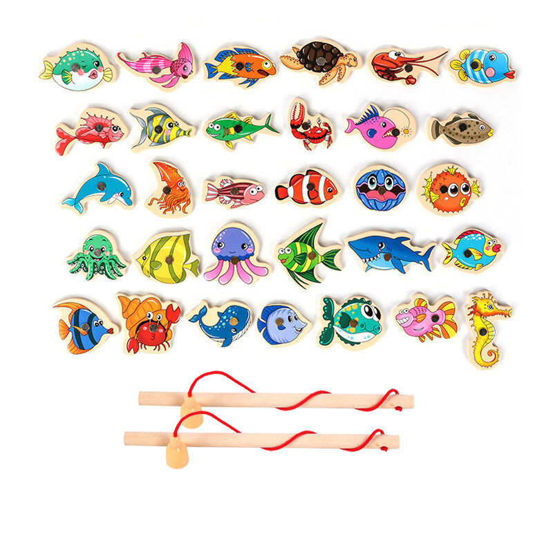 2022NEW Wooden Magnetic Fshing Game Cartoon Marine Life Cognition Fish Rod Toys for Children Early Educational Parent-child