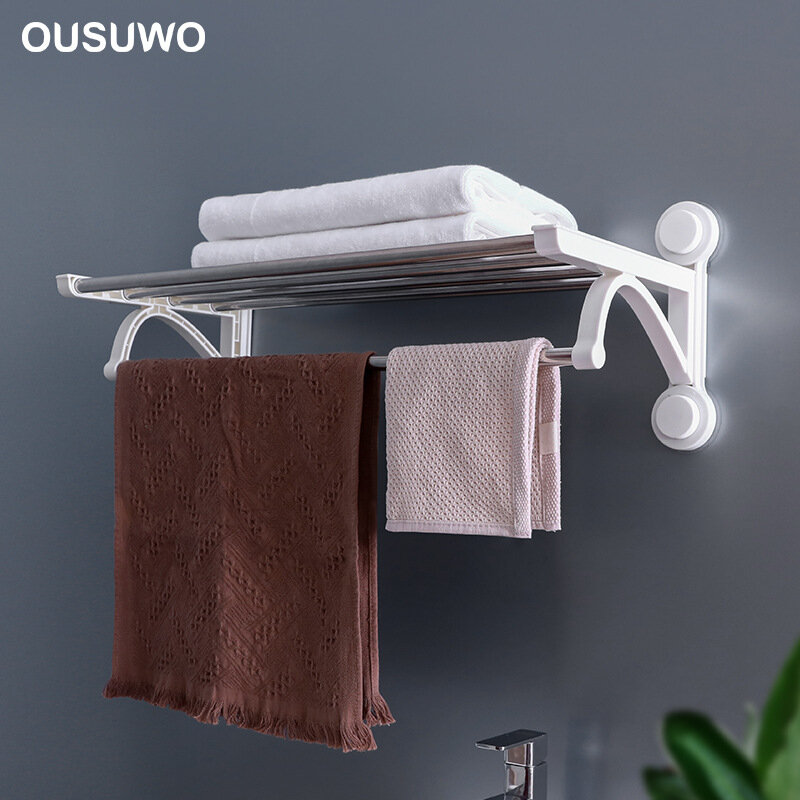 Aço inoxidável punch-free duplo suporte de toalha com ganchos móveis prateleira de parede rack de armazenamento acessórios wc cozinha tempero stora