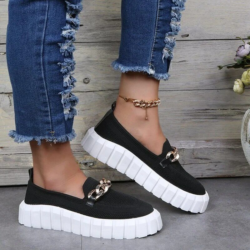 Large-Sized Flats Women 2021 Autumn New Shallow Ladies Breathble Comfy Slip On Loafers With Chain Home Outdoor Casual Shoes