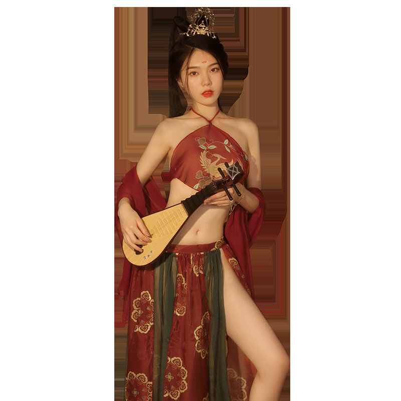 Exotic lingerie sexy Dunhuang Flying Phoenix female exotic suit belly pocket printing perspective lingerie suit