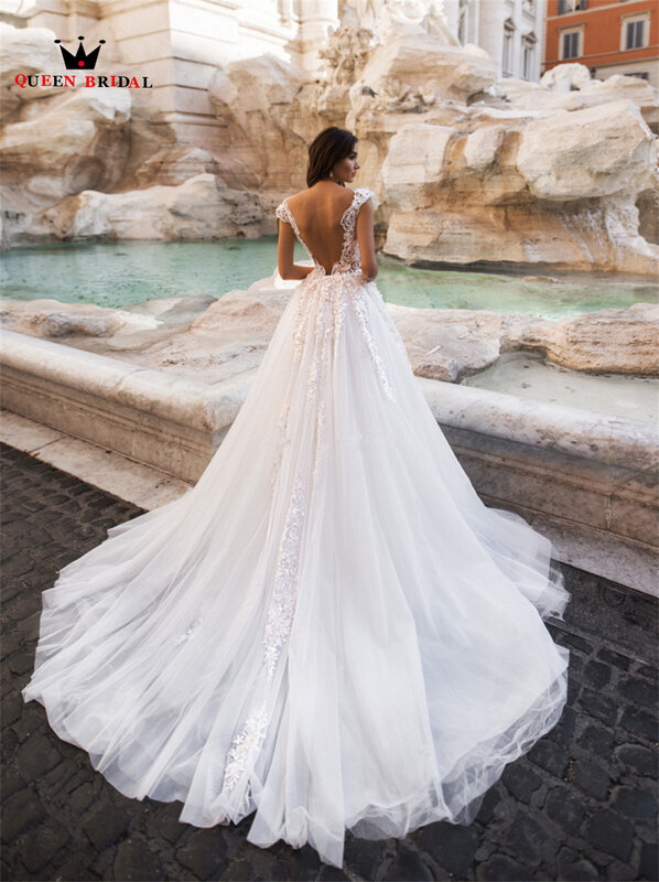 Платье Свадебное ТРАПЕЦИЕВИДНОЕ с рукавами-крылышками и открытой спиной, из тюля, с кружевной аппликацией и бисером, элегантное платье неве...