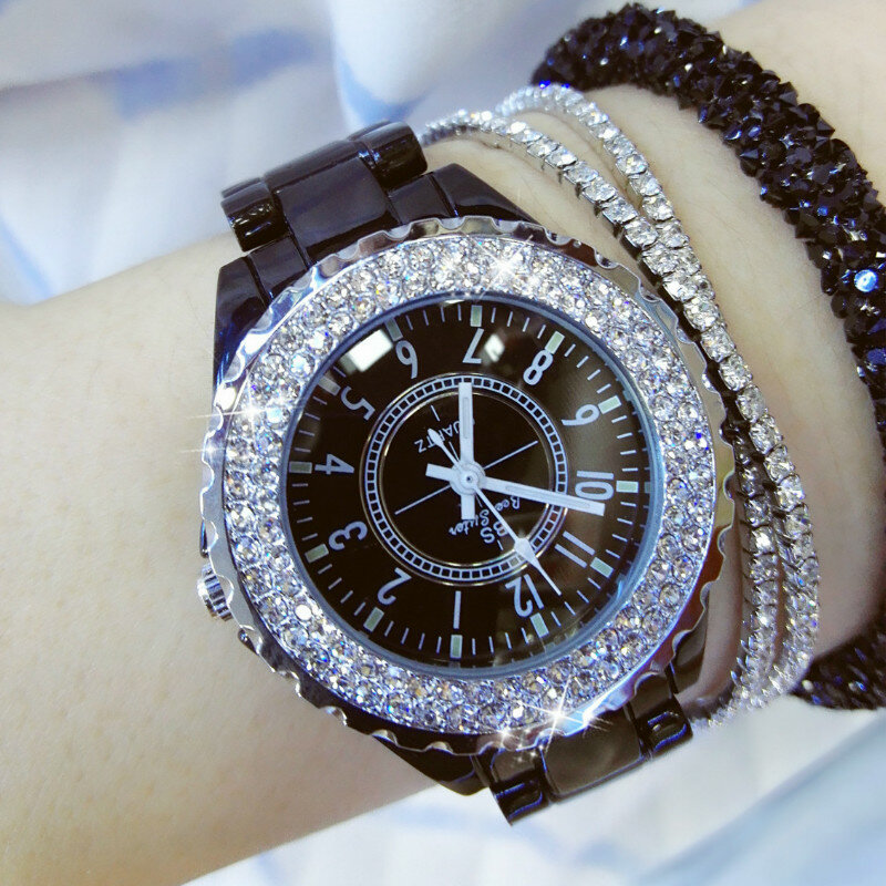 BS-Reloj de cerámica de lujo para mujer, pulsera de cristal de cuarzo blanco, relojes de pulsera para mujer