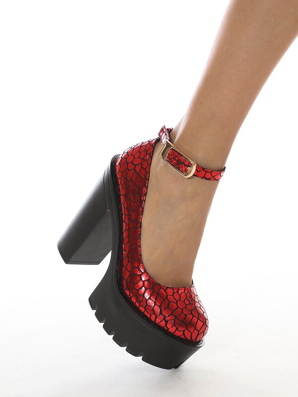 Zapatos de tacón grueso con hebilla de plataforma para mujer, calzado de punta redonda, boca baja, impermeable, para club nocturno, 2022
