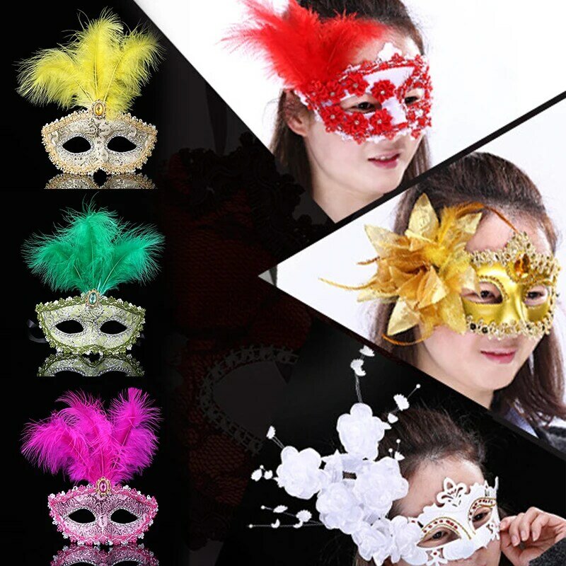 Venetian Masquerade Mask on Stick Mardi Gras Costume Eyemask Printing Halloween Carnival Hand Held Stick Feathers Party Masks