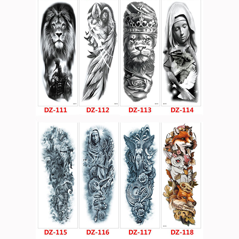 Nueva pegatina de tatuaje de brazo completo para hombres y mujeres, tatuaje temporal impermeable, corona de Tigre, León, Jesús, virgen, arte corporal