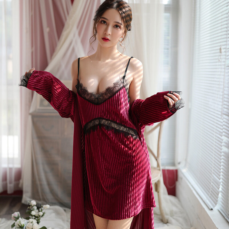Catei Karrui 가을 겨울 2020 새로운 여성의 두 조각 세트 골드 벨벳 잠옷 섹시한 레이스 스트 라이프 여성의 nightdress의 잠옷을 설정