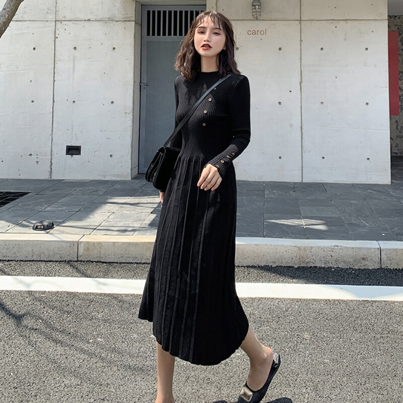 Vestido de punto de cuello alto para mujer, suéter estirado de manga larga, estilo coreano, otoño e invierno, 2021