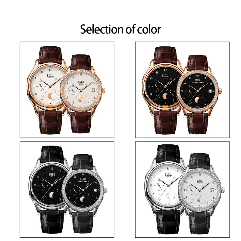 HAZEAL-오리지널 디자인 커플 기계식 시계, 럭셔리 여성 남성 손목 시계, 방수 날짜 시간 디자인, 사파이어 크리스탈 시계