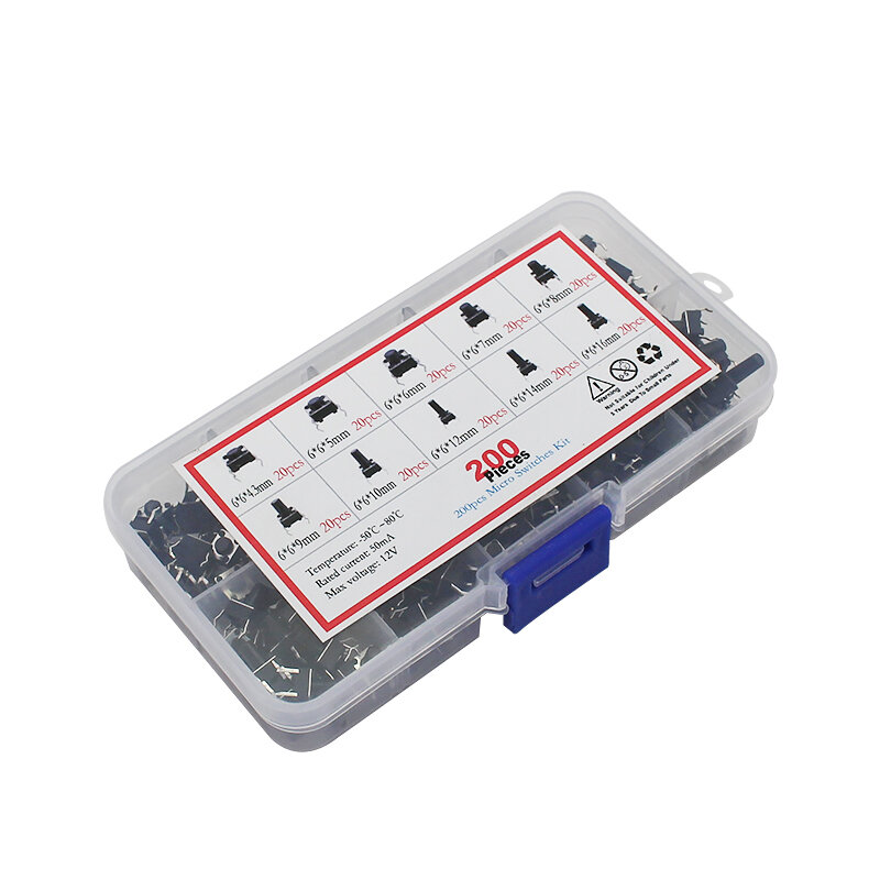 Kit de Mini interrupteurs à boutons 6x6, 200 pièces/lot, 10 valeurs, pour cuiseur à riz/téléphone/carte PCB, utilisation d'entretien, 6x6x4.3 touches