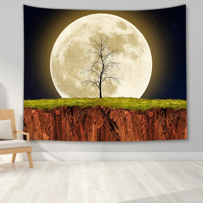 Настенный гобелен с изображением Луны, горы, галактики, звездное небо, психоделический ковер, настенное одеяло, ковер с пейзажем