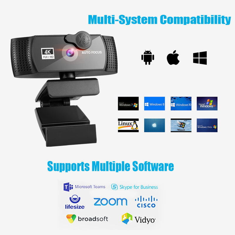 Webcam Full HD 4K, 8K, 1080P, 2K, avec Microphone USB, Autofocus, pour ordinateur portable