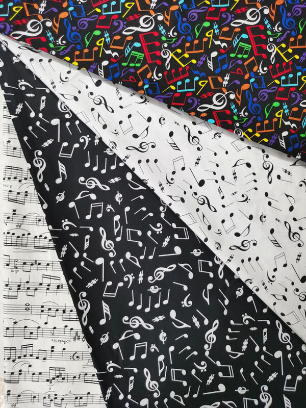 Tejido de algodón colorido para manualidades, tejido de retales de 25x24cm con puntuación de música, color blanco y negro, 4 unidades