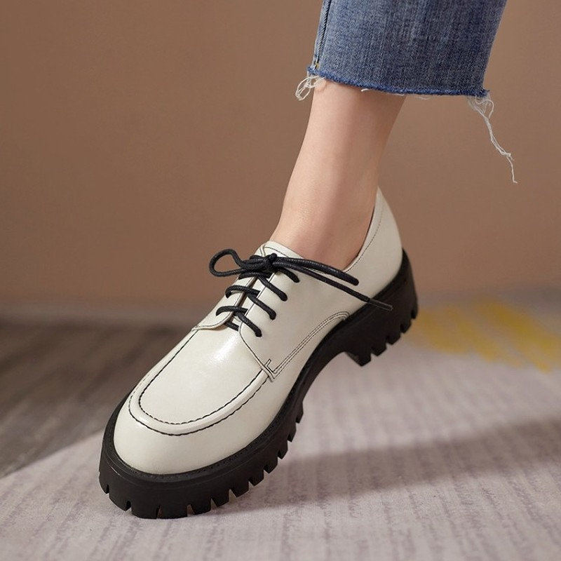British Style Small Leather Shoes Women's Thick Soled Sheepskin Beige Black Single Shoes New Thick Heel Leford Women's Shoes