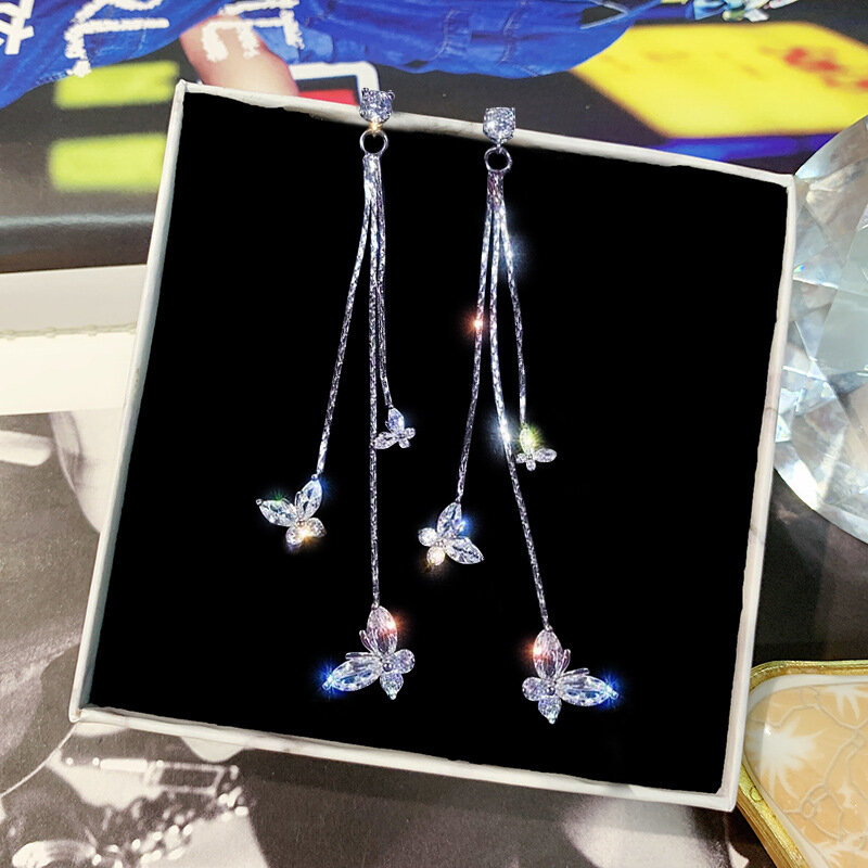 Fyuan-brincos pendentes com três borboletas de cristal, bijuterias, brincos brilhantes com borlas longas, presentes de joias