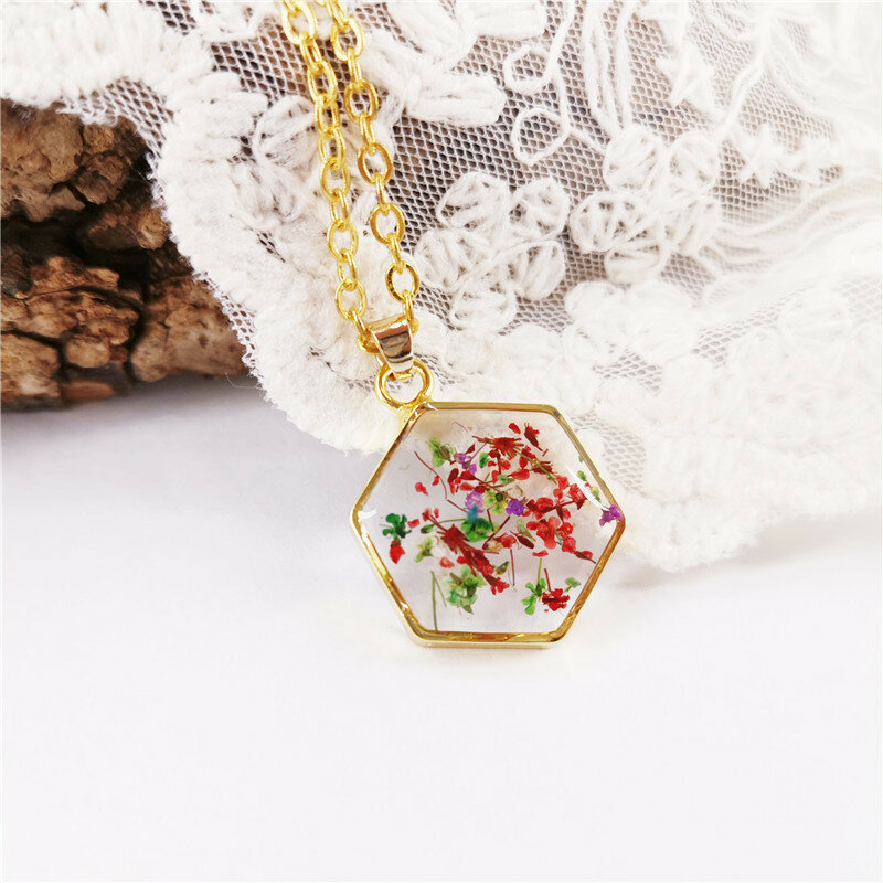 Doreenbeads joias artesanais de resina e geométrica oval com flor real e colar em cores douradas, joias da moda com 45cm(17 ") longas, 1 peça