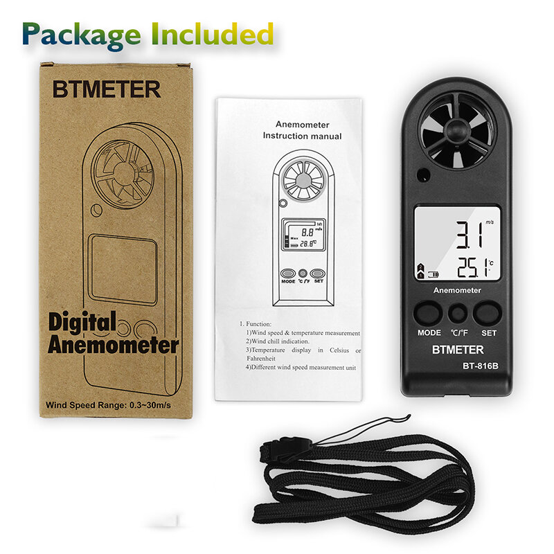 BEMETER  BT-816B (2 pack) Handheld LCD Digital Mini Anemometer Wind Speed Meter Air Flow Tester Air Anemometro